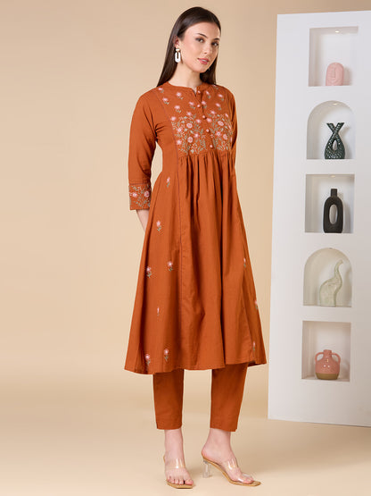 Solid Floral Embroidered A-line Kurta with Pant - Rust