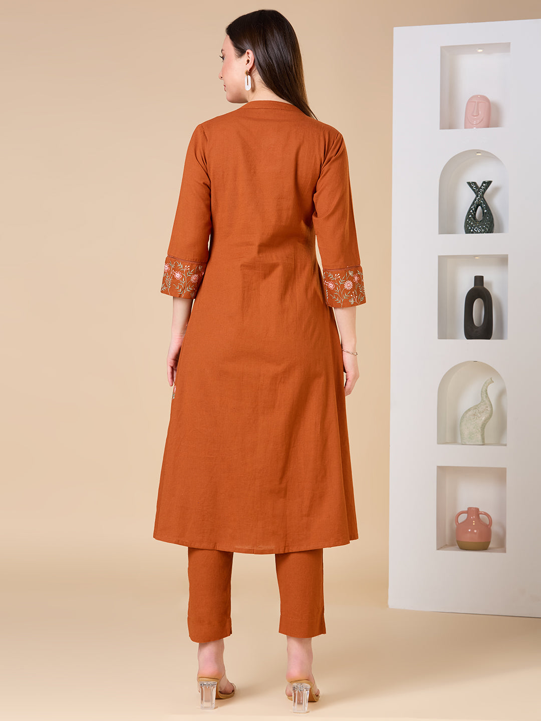 Solid Floral Embroidered A-line Kurta with Pant - Rust