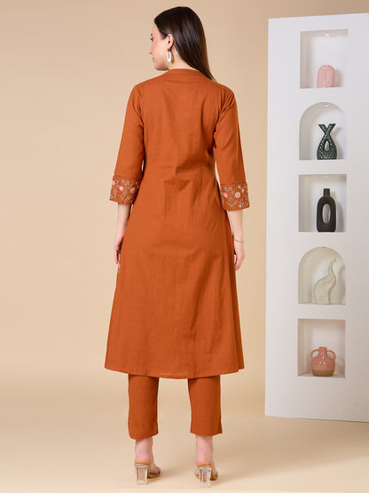 Solid Floral Embroidered A-line Kurta with Pant - Rust