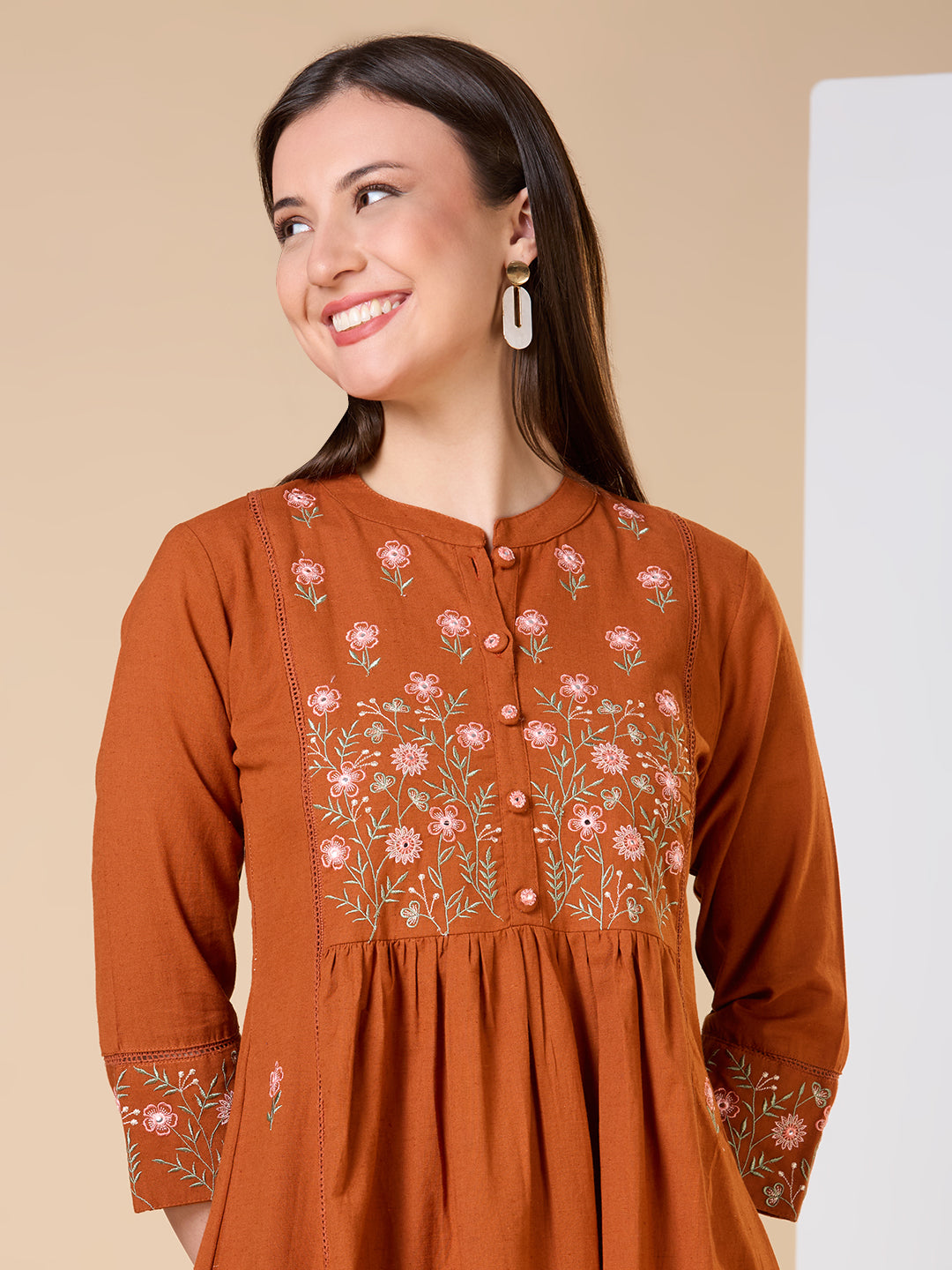 Solid Floral Embroidered A-line Kurta with Pant - Rust
