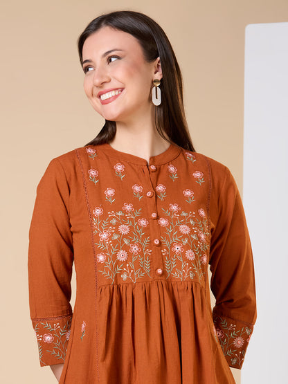 Solid Floral Embroidered A-line Kurta with Pant - Rust