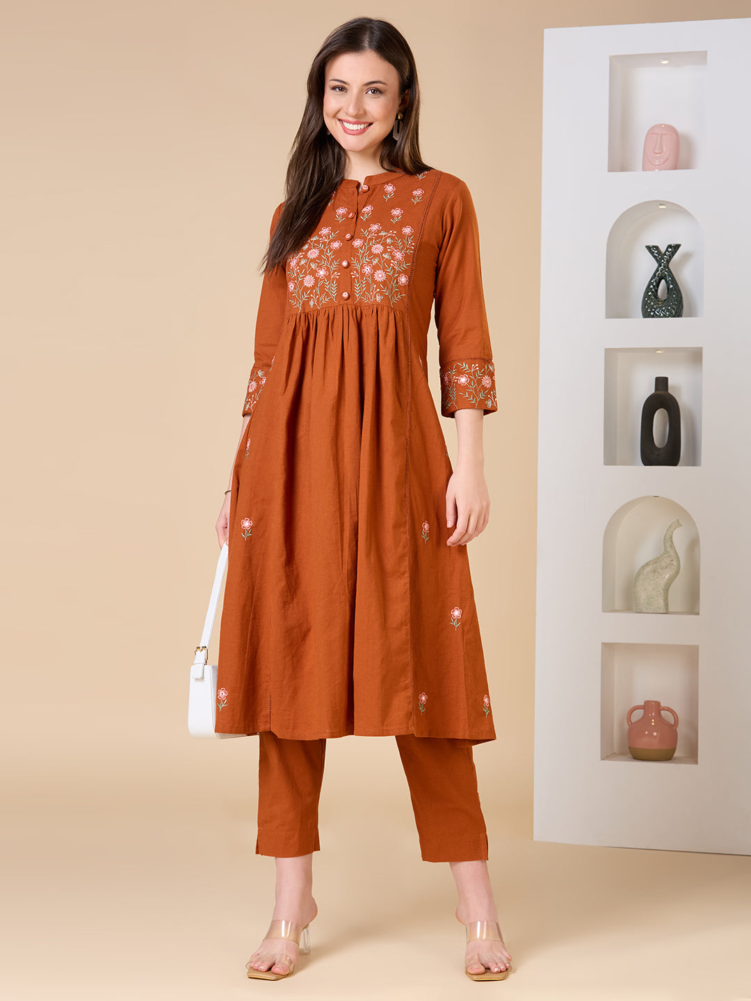 Solid Floral Embroidered A-line Kurta with Pant - Rust