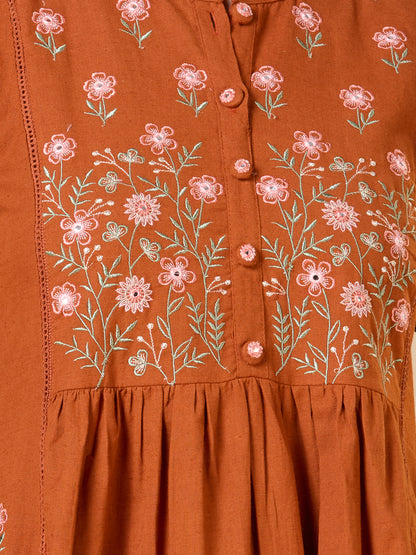 Solid Floral Embroidered A-line Kurta with Pant - Rust