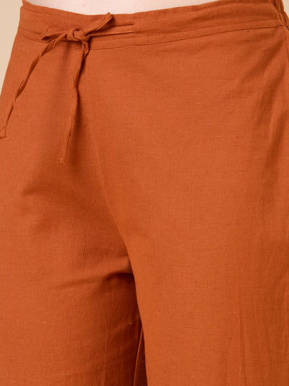 Solid Floral Embroidered A-line Kurta with Pant - Rust