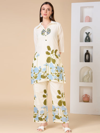 Solid Floral Printed & Hand Embroidered A-Line Co-ord Set - Cream