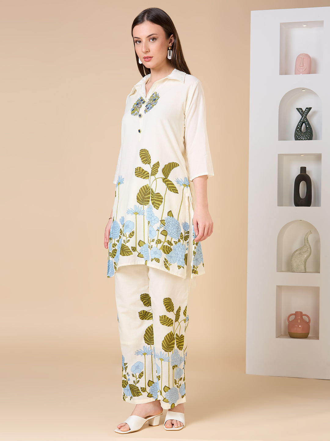 Solid Floral Printed & Hand Embroidered A-Line Co-ord Set - Cream