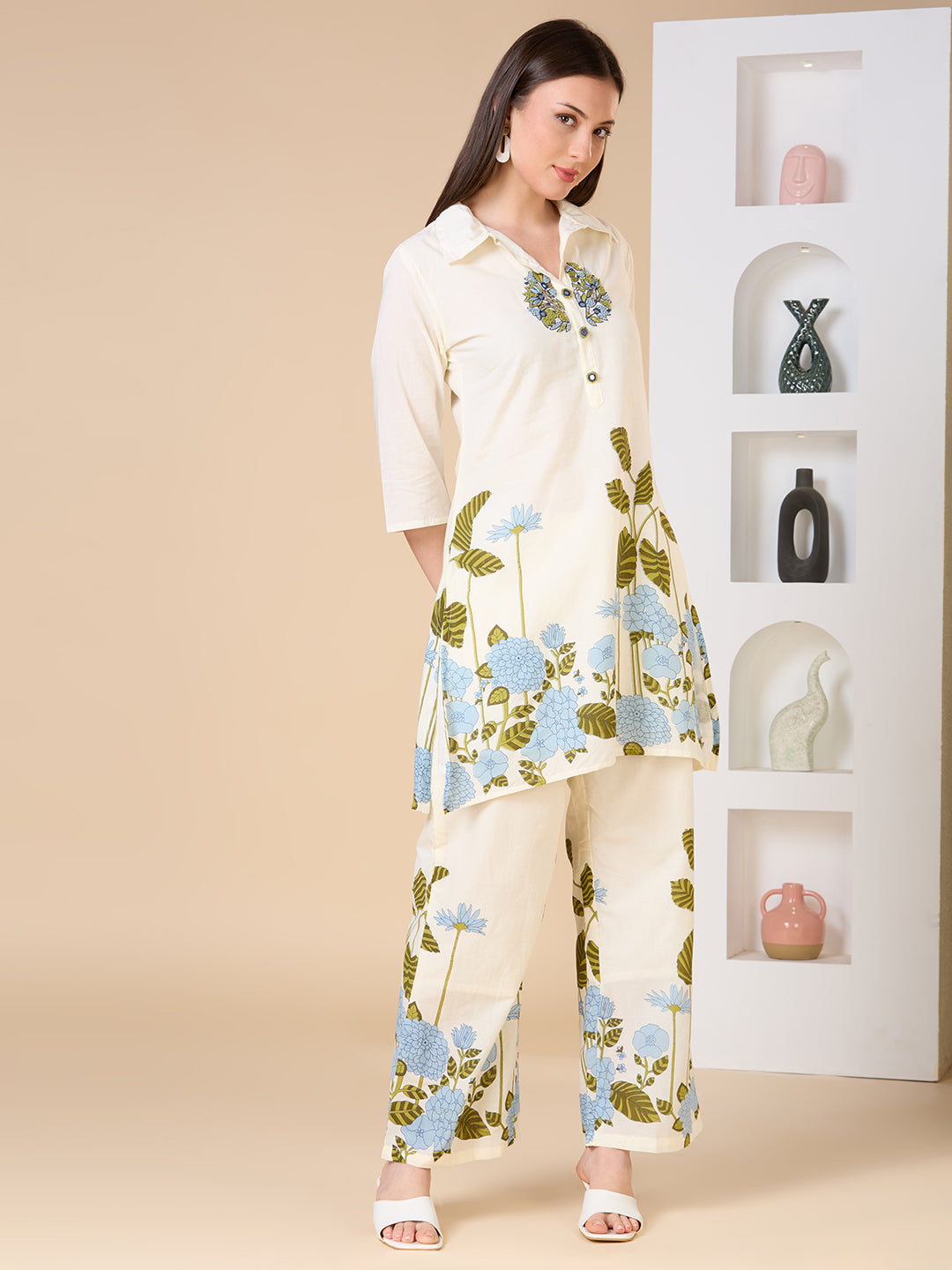 Solid Floral Printed & Hand Embroidered A-Line Co-ord Set - Cream