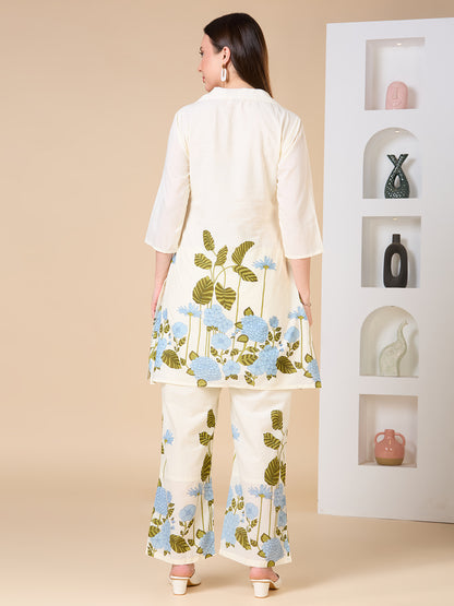 Solid Floral Printed & Hand Embroidered A-Line Co-ord Set - Cream