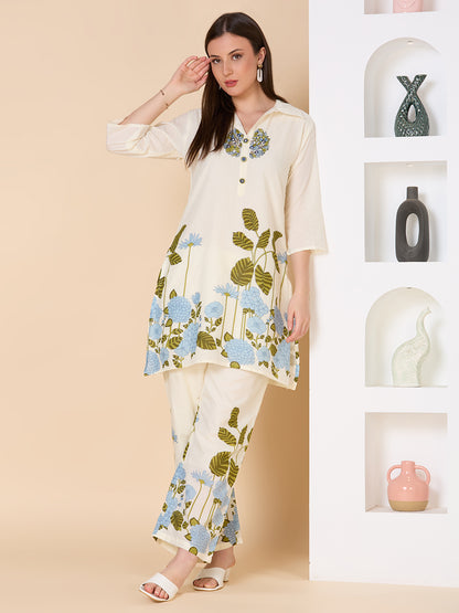 Solid Floral Printed & Hand Embroidered A-Line Co-ord Set - Cream
