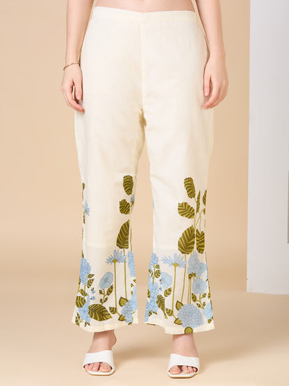 Solid Floral Printed & Hand Embroidered A-Line Co-ord Set - Cream