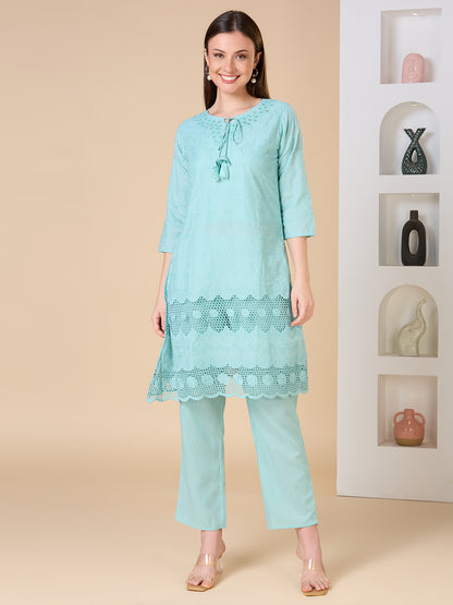 Floral Threadwork Embroidered A-Line Kurta with Pant -Mint Green