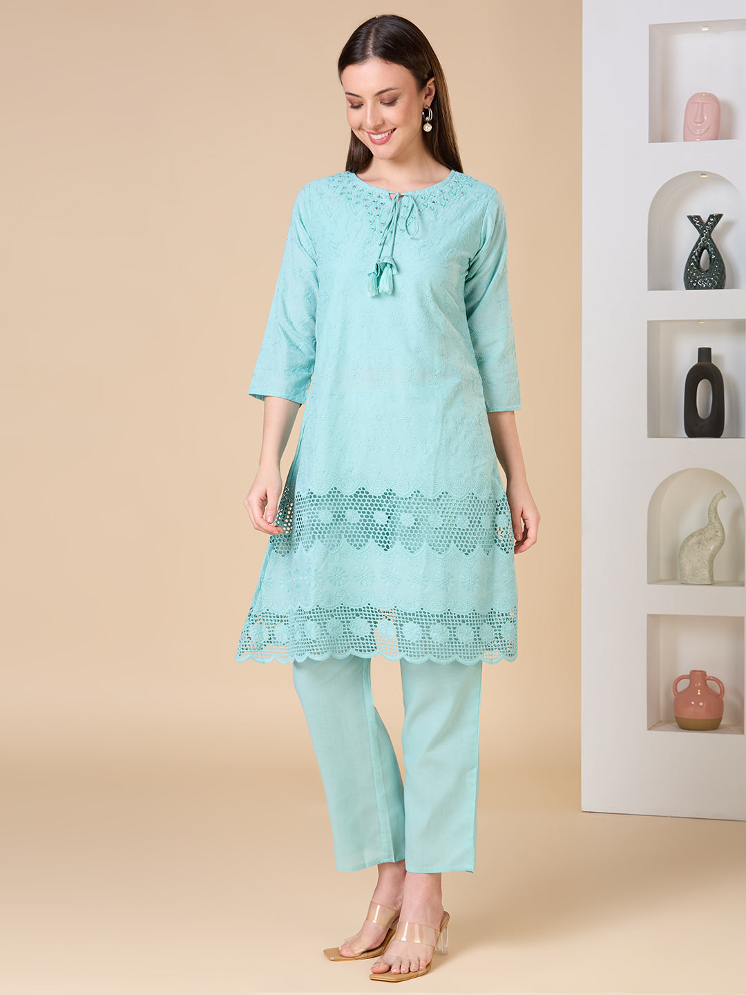 Floral Threadwork Embroidered A-Line Kurta with Pant -Mint Green