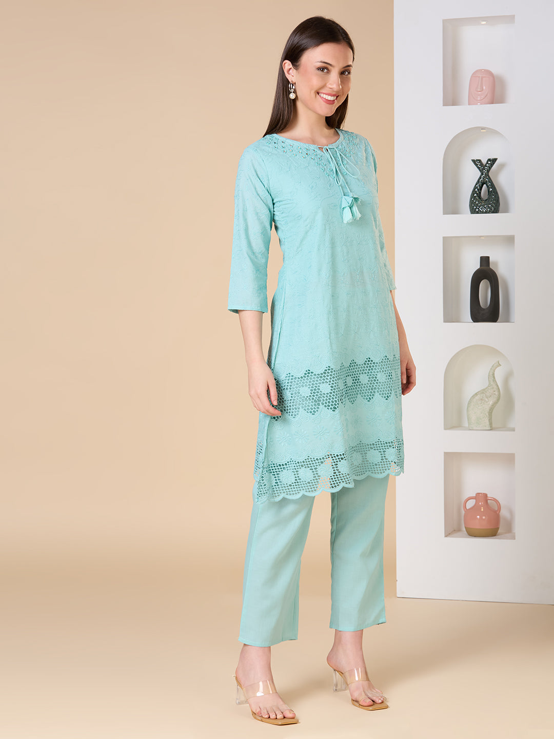 Floral Threadwork Embroidered A-Line Kurta with Pant -Mint Green