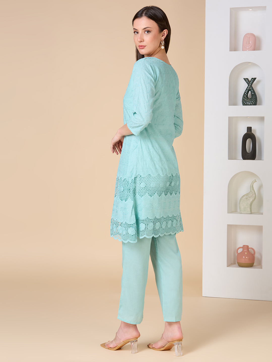 Floral Threadwork Embroidered A-Line Kurta with Pant -Mint Green