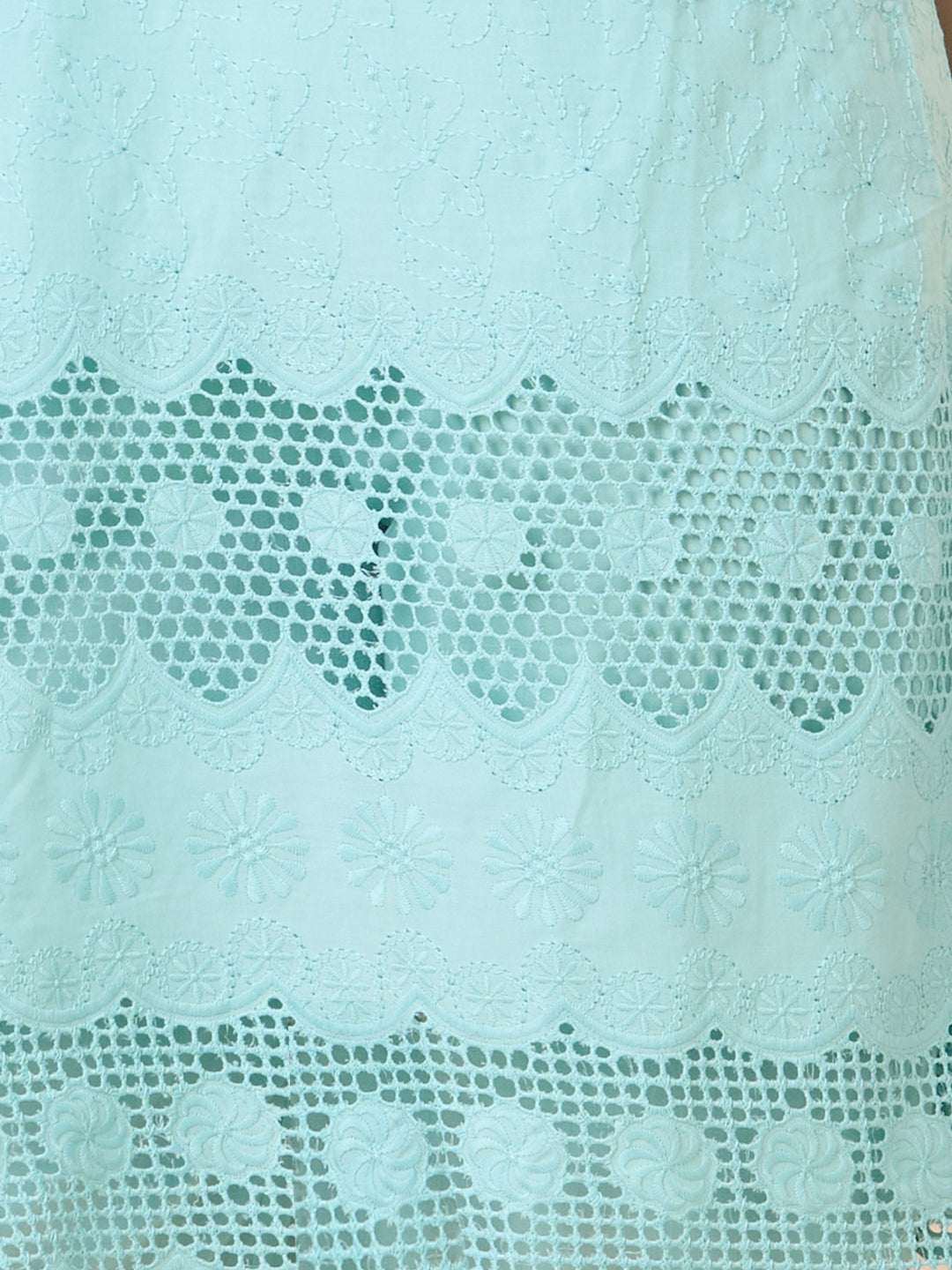 Floral Threadwork Embroidered A-Line Kurta with Pant -Mint Green