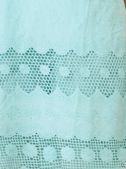 Floral Threadwork Embroidered A-Line Kurta with Pant -Mint Green