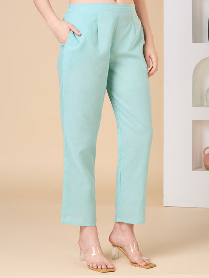 Floral Threadwork Embroidered A-Line Kurta with Pant -Mint Green