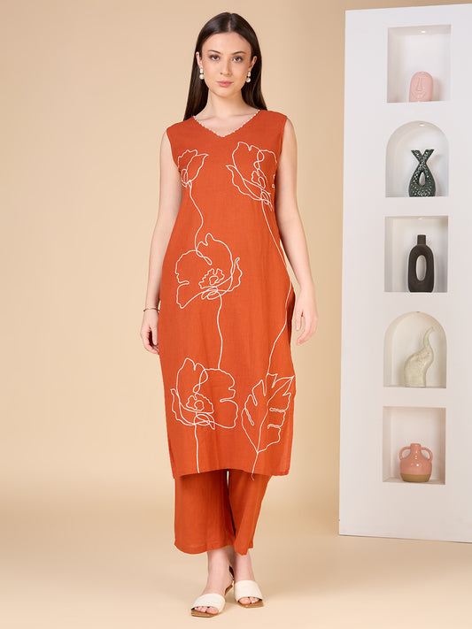Solid Floral Threadwork Embroidered Straight Fit Co-ord Set - Rust