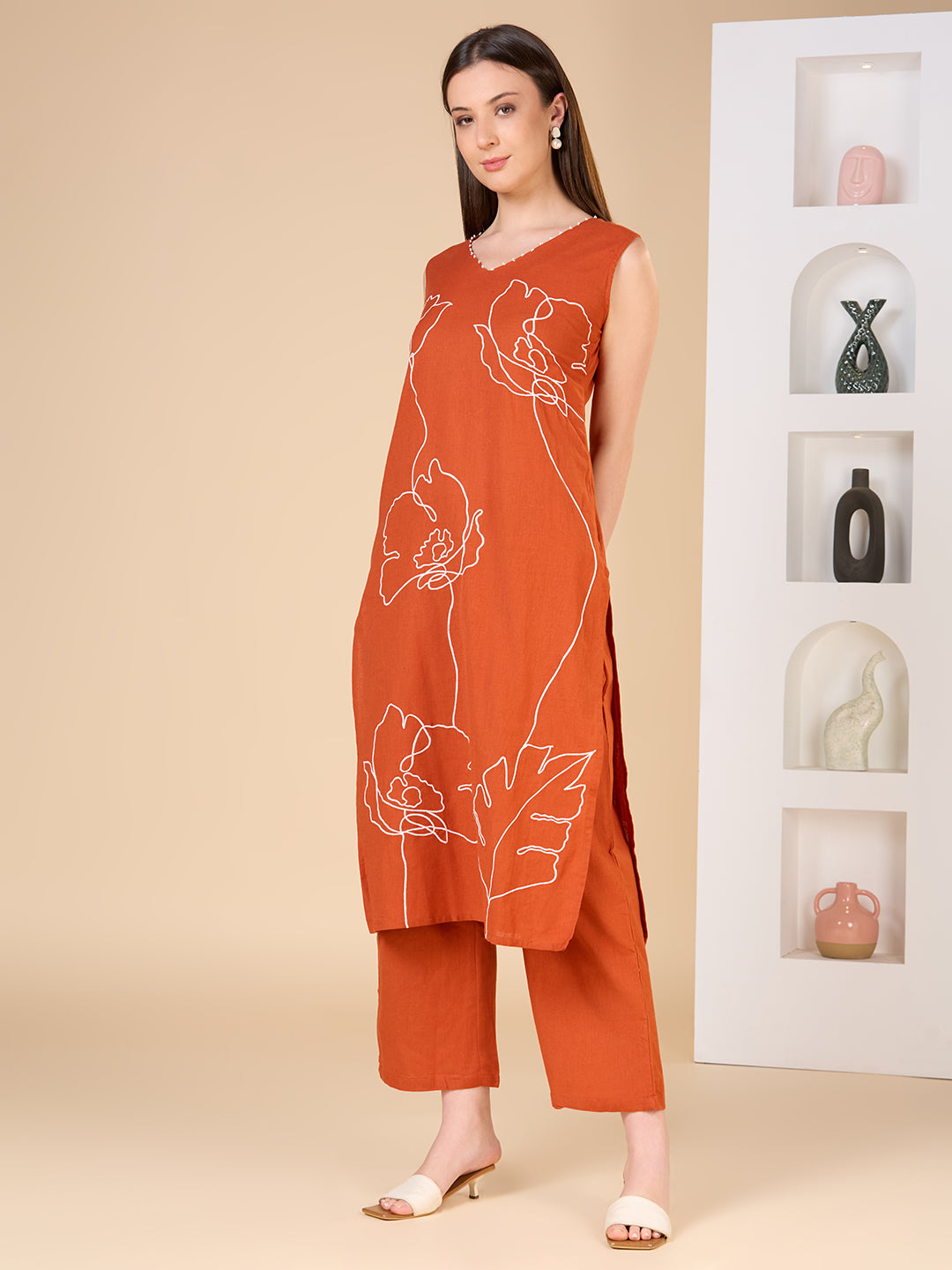 Solid Floral Threadwork Embroidered Straight Fit Co-ord Set - Rust
