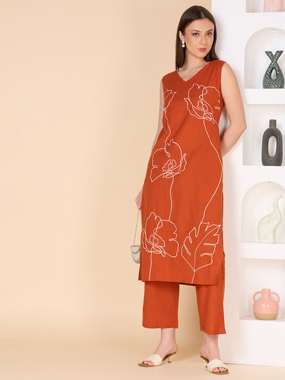 Solid Floral Threadwork Embroidered Straight Fit Co-ord Set - Rust