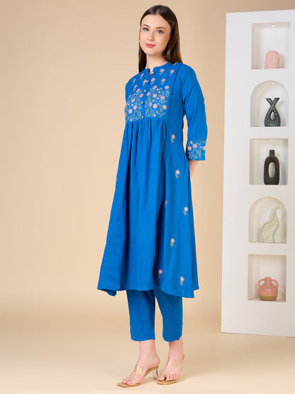 Solid Floral Embroidered A-line Kurta with Pant - Blue