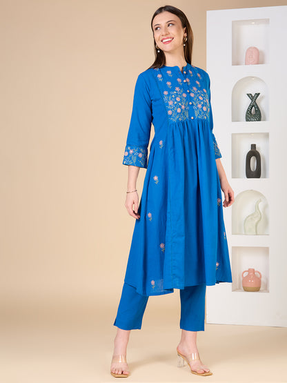 Solid Floral Embroidered A-line Kurta with Pant - Blue