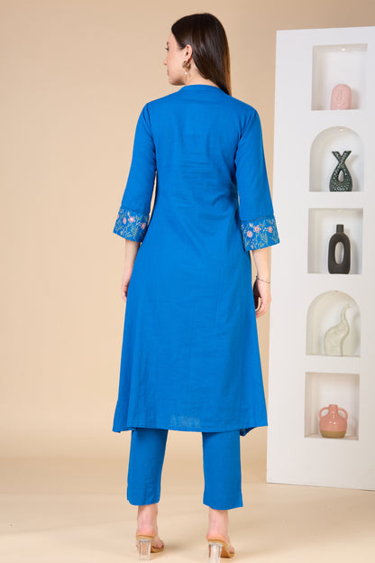 Solid Floral Embroidered A-line Kurta with Pant - Blue