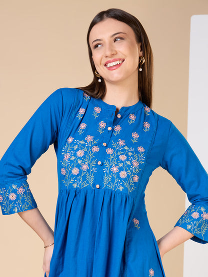 Solid Floral Embroidered A-line Kurta with Pant - Blue