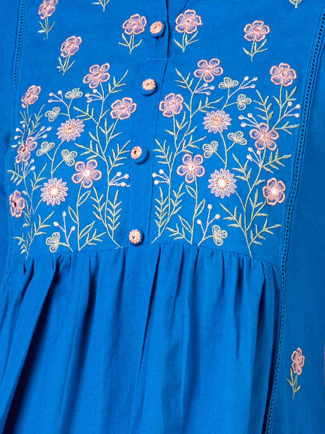 Solid Floral Embroidered A-line Kurta with Pant - Blue