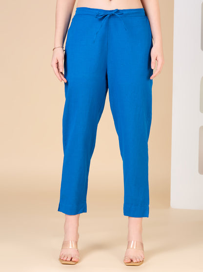 Solid Floral Embroidered A-line Kurta with Pant - Blue