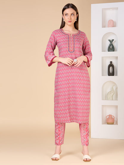 Ethnic Floral Printed & Embroidered Straight Fit Kurta with Pant- Pink