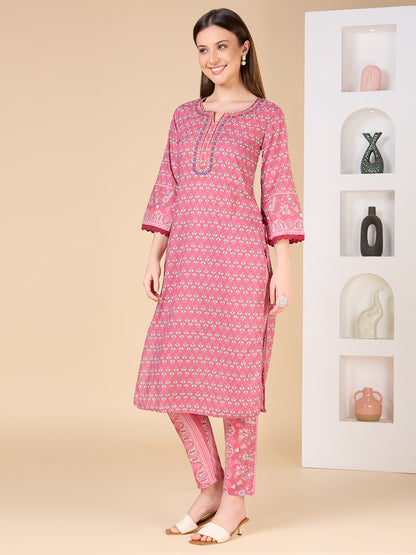 Ethnic Floral Printed & Embroidered Straight Fit Kurta with Pant- Pink