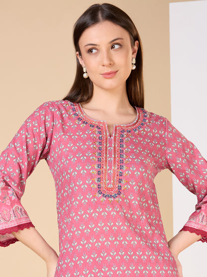 Ethnic Floral Printed & Embroidered Straight Fit Kurta with Pant- Pink