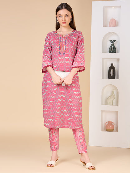 Ethnic Floral Printed & Embroidered Straight Fit Kurta with Pant- Pink