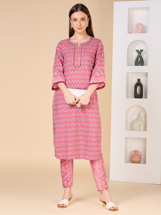 Ethnic Floral Printed & Embroidered Straight Fit Kurta with Pant- Pink
