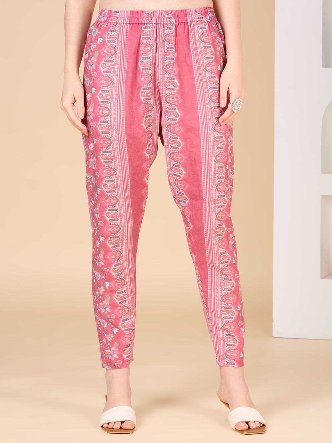 Ethnic Floral Printed & Embroidered Straight Fit Kurta with Pant- Pink
