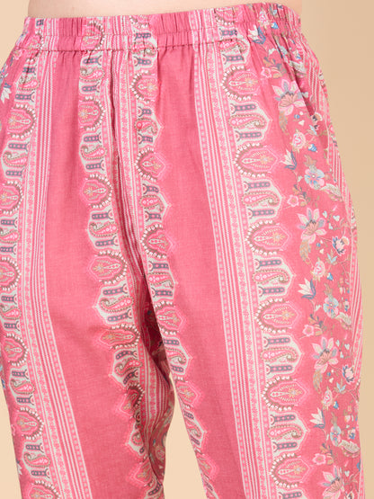 Ethnic Floral Printed & Embroidered Straight Fit Kurta with Pant- Pink