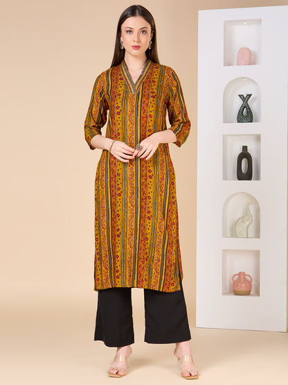 Stripes Floral Printed Straight Fit Kurta - Mustard