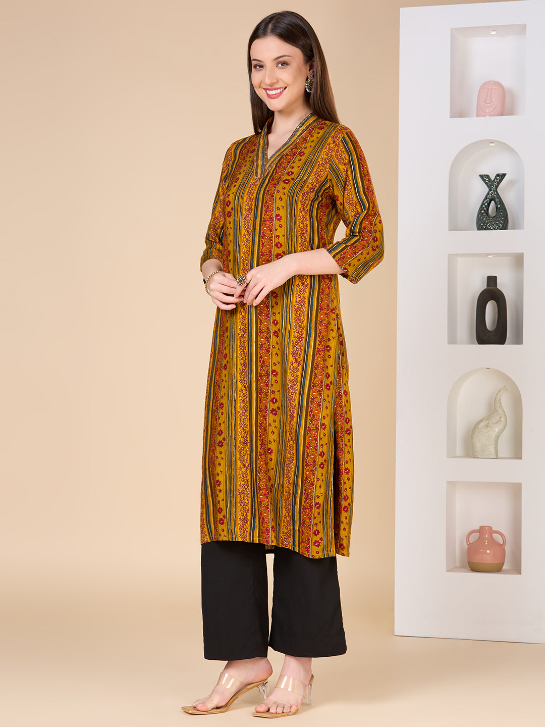 Stripes Floral Printed Straight Fit Kurta - Mustard