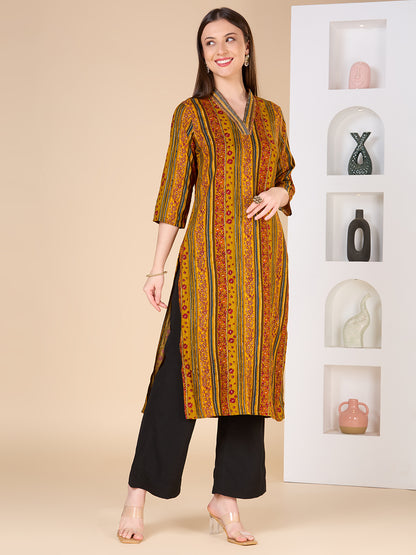 Stripes Floral Printed Straight Fit Kurta - Mustard