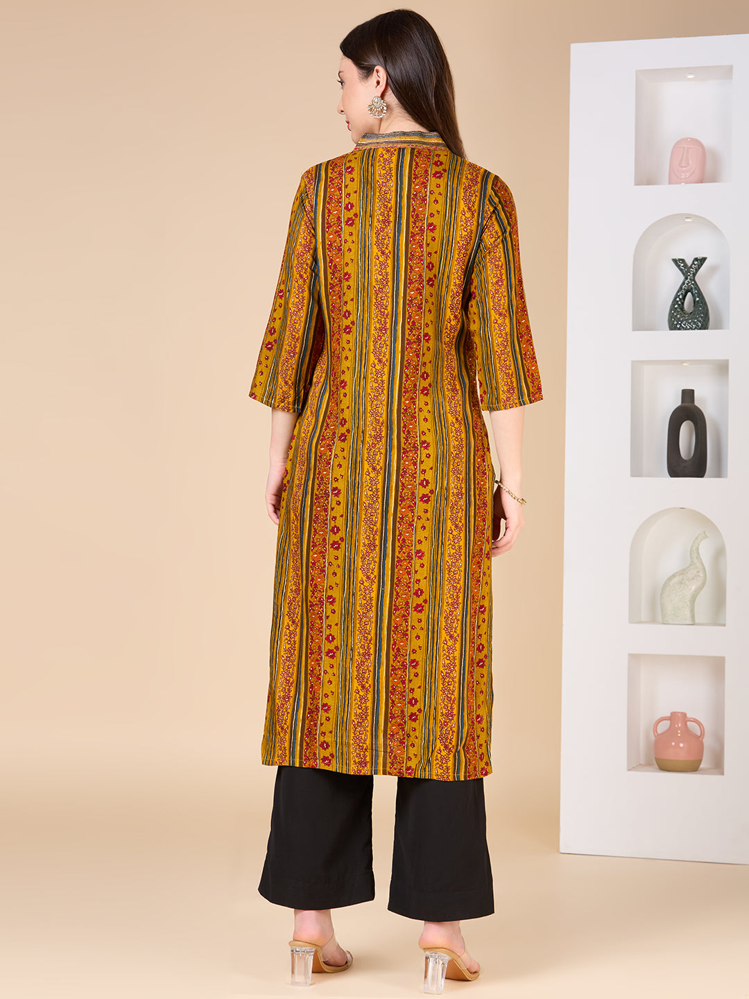 Stripes Floral Printed Straight Fit Kurta - Mustard