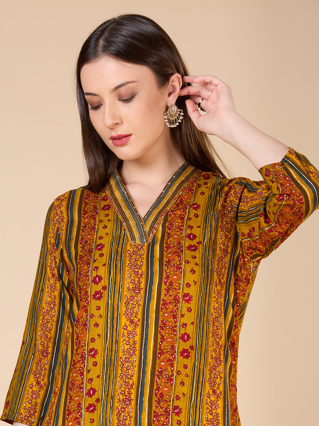 Stripes Floral Printed Straight Fit Kurta - Mustard