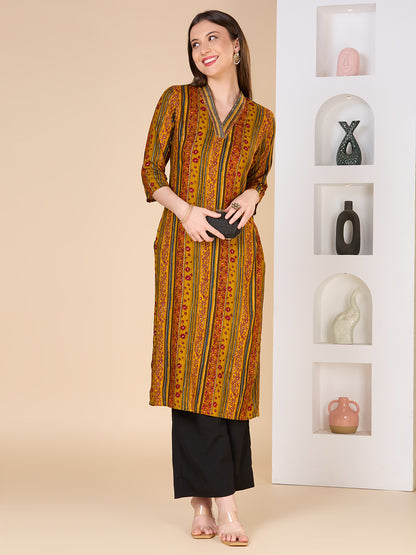 Stripes Floral Printed Straight Fit Kurta - Mustard