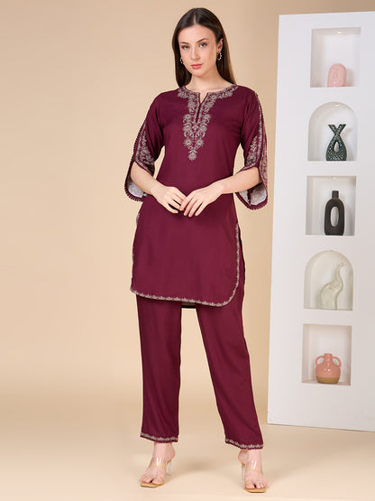 Solid Ethnic Embroidered Straight Fit Co-ord Set - Burgundy