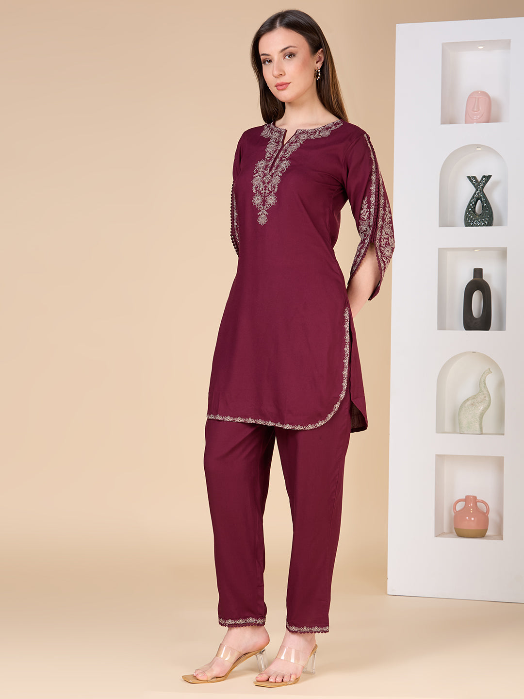 Solid Ethnic Embroidered Straight Fit Co-ord Set - Burgundy