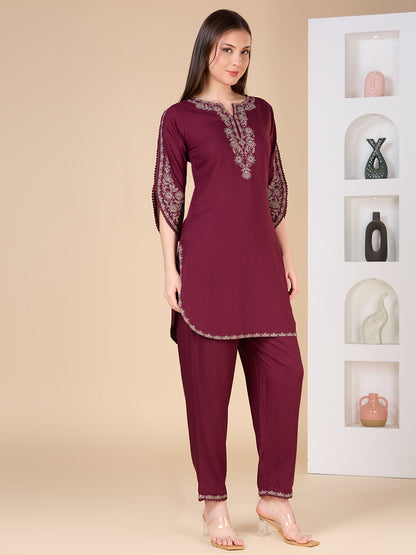 Solid Ethnic Embroidered Straight Fit Co-ord Set - Burgundy