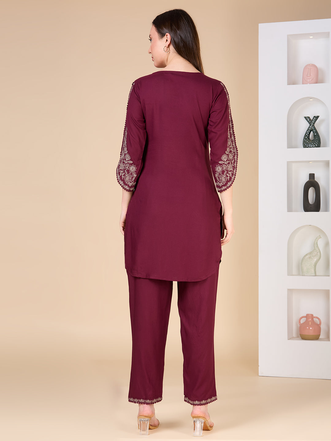 Solid Ethnic Embroidered Straight Fit Co-ord Set - Burgundy