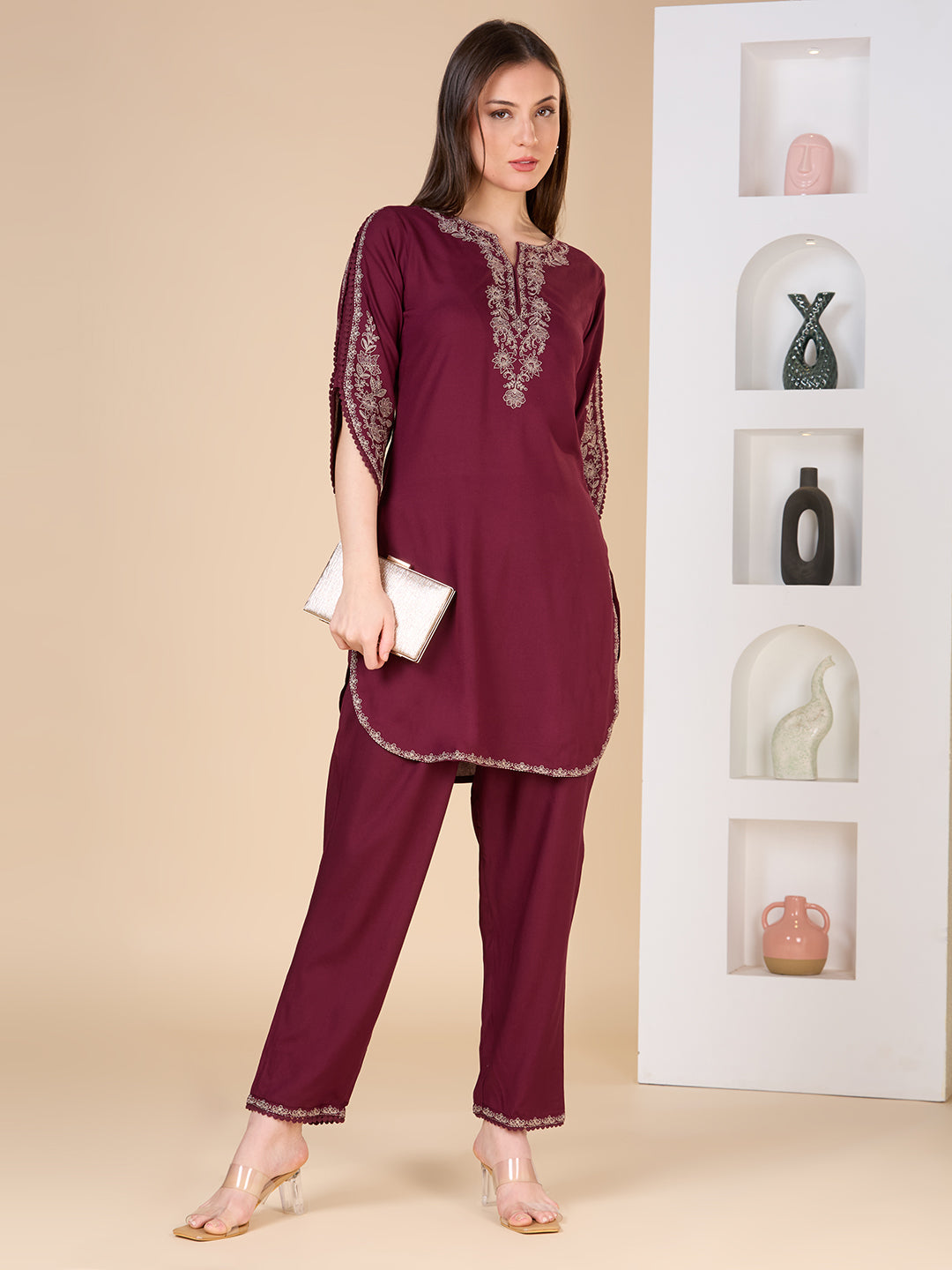 Solid Ethnic Embroidered Straight Fit Co-ord Set - Burgundy