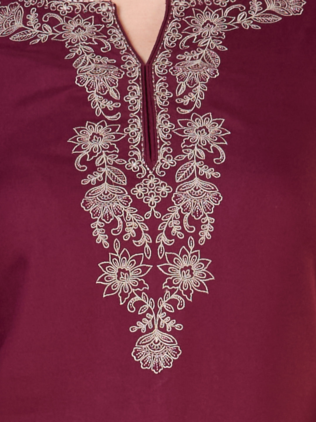 Solid Ethnic Embroidered Straight Fit Co-ord Set - Burgundy