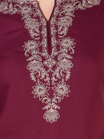 Solid Ethnic Embroidered Straight Fit Co-ord Set - Burgundy